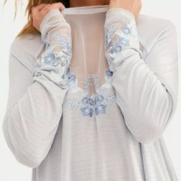 FREE PEOPLE SAHELI EMBROIDERED MESH FLORAL GLACIER ICE BLOUSE  TOP SIZE  MEDIUM - Picture 3 of 9